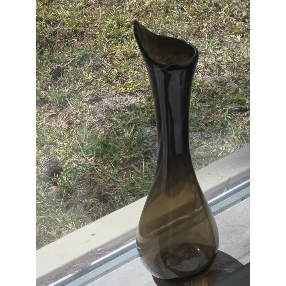 Vintage MCM 18” Swung Glass Vase Smoky Olive Brown Pulled Rim Heavy Base